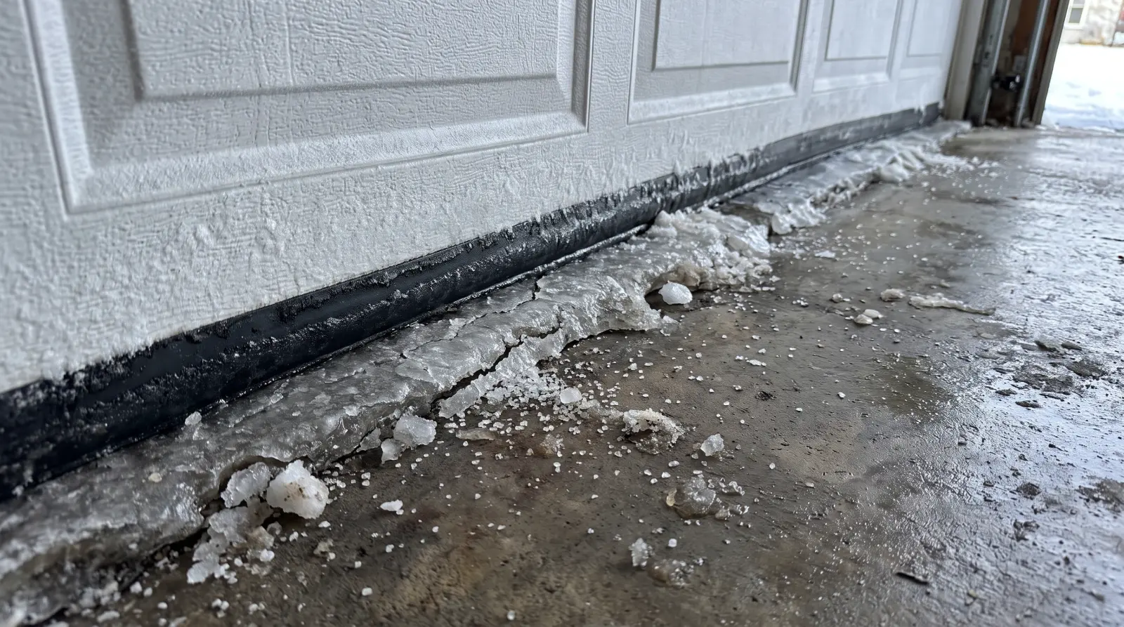 Garage door bottom seal frozen to a concrete floor with ice and slush