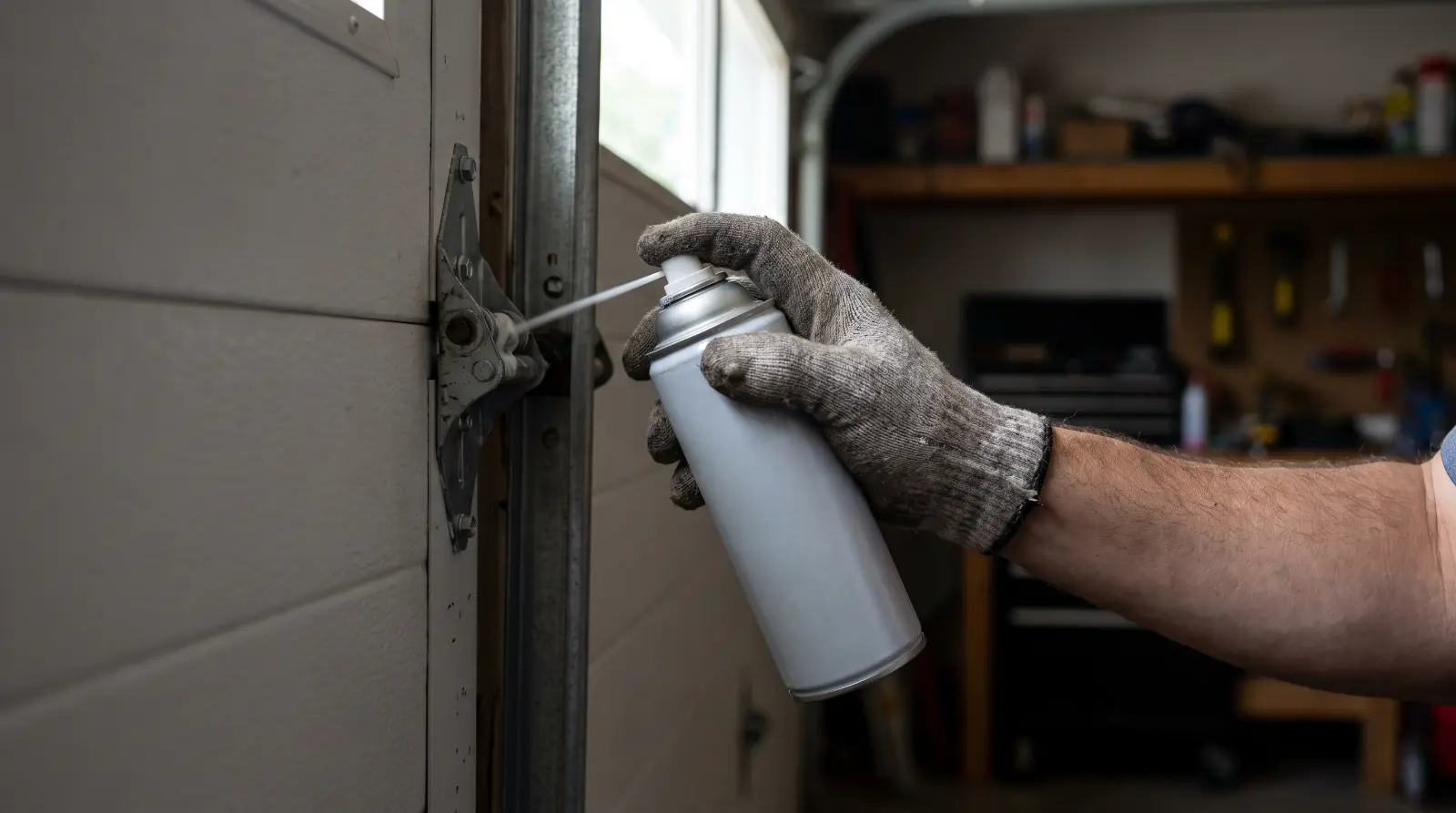 Close-up of garage door hinges and rollers being lubricated