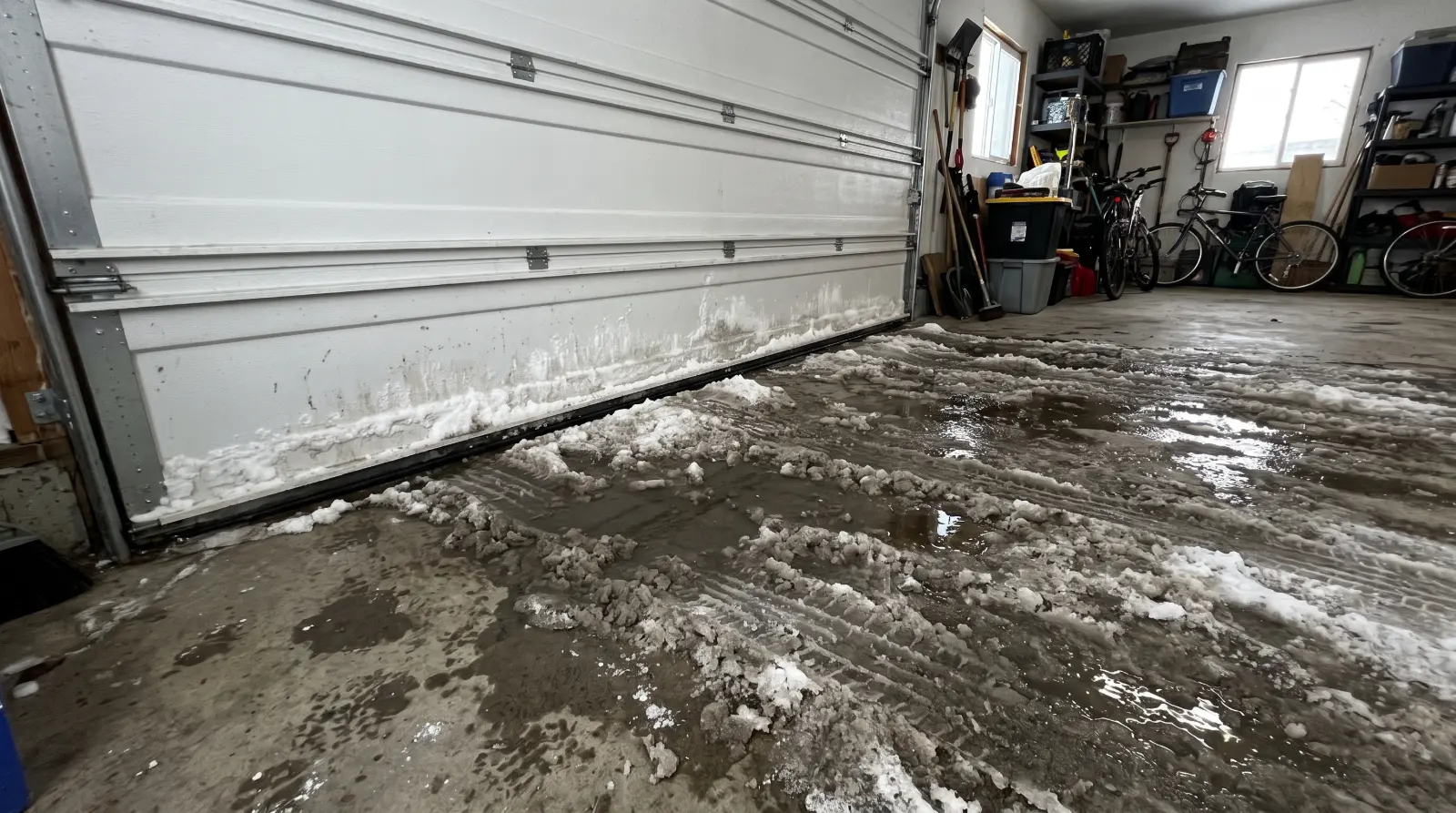 Slush and salt on a garage floor by the door